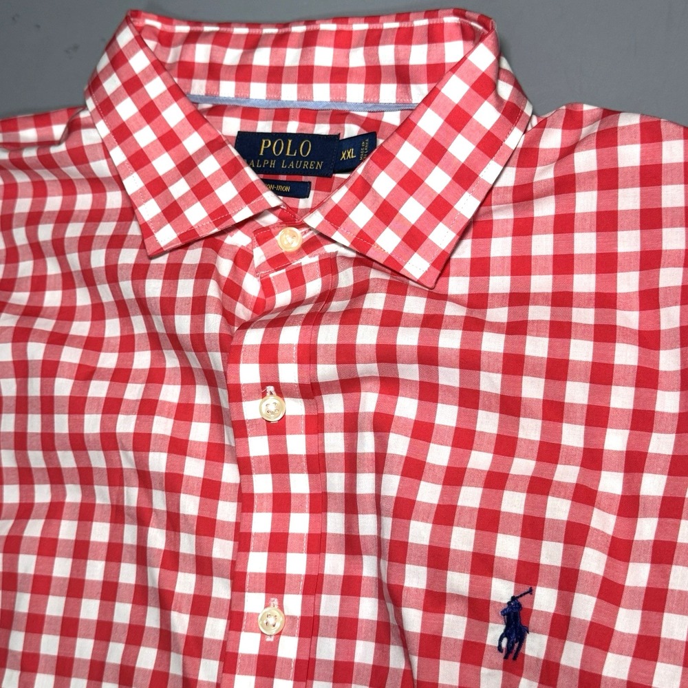 Polo Ralph Lauren Shirt XXL 2XL Non Iron Gingham Plaid Red Long Sleeve Button
